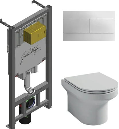 Инсталляция Jacob Delafon с безободковым унитазом Jacob Delafon Elite E21742RU-00, тонкое сиденьем с микролифтом, клавиша хром, комплект (E29025+EDX114RU+E4316)