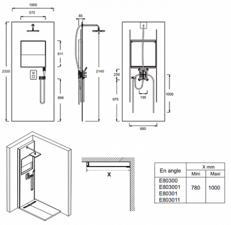 Душевая система с термостатом и квадратным верхним душем Jacob Delafon Ecrin E803001-D33